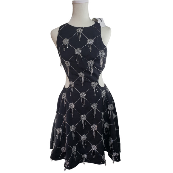 Asos Design Black Beaded Fit Flare Mini Dress Women's Small/4 Boho Cottagecore - Picture 1 of 12